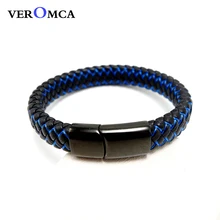 

VEROMCA 2018 New Listing Personalized Bracelet Men's Blue Black Leather Braided Bracelets Fashion Jewelry Magnet Buckle Bracelet