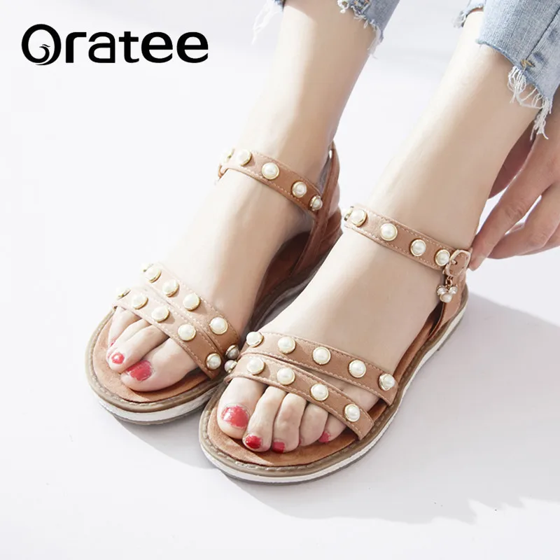 

New Bohemia Beach Sandals For Women New Summers Shoes Female Casual Pearl Flat Shoes Gladiator Mujer Sandalias Plus size 33-43