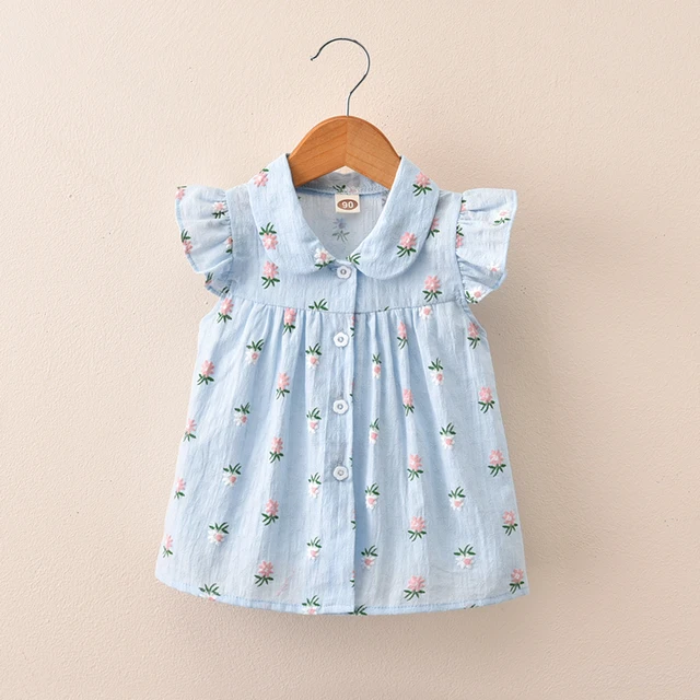 Girls Summer 2018 New Children’s Shirt Floral Short Sleeve Flying Sleeve Tops Children’s Summer Cardigan Shirt, Blue/ Pink