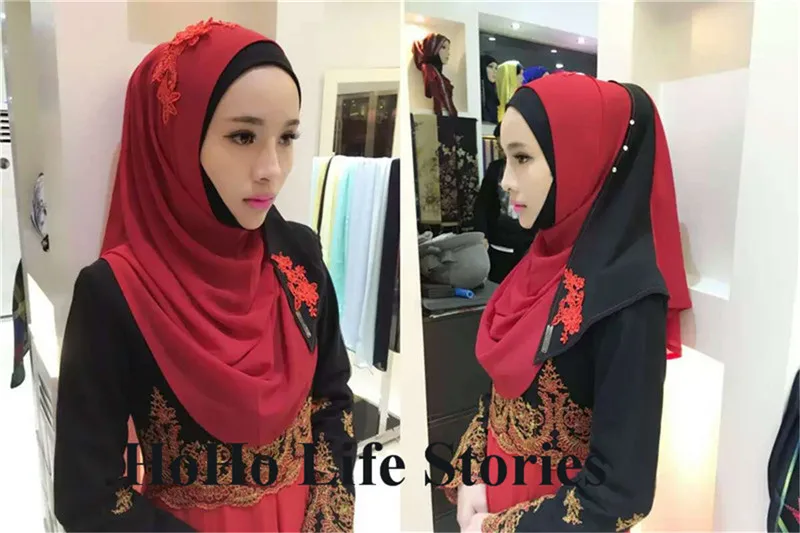 Мусульманский женский хиджаб шифоновый шарф с вышивкой с капюшоном мгновенные шарфы-банданы Кепка шаль абайя головной убор Арабский исламский(без нижнего белья - Цвет: TJ390007