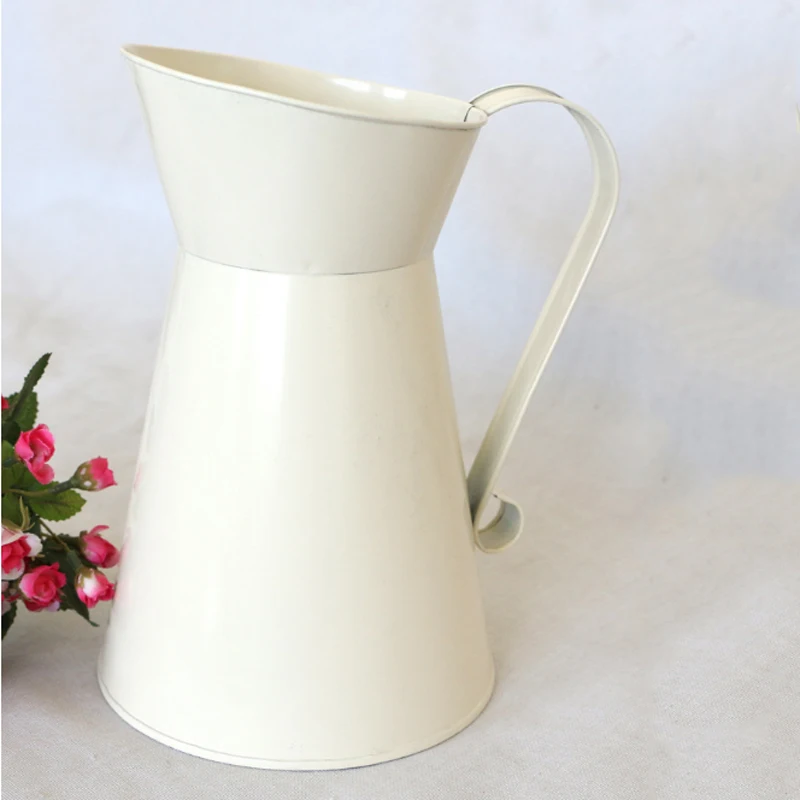 Vintage Tall Metal Shabby Chic Cream Vase Enamel Pitcher Jug Wedding Home Decor