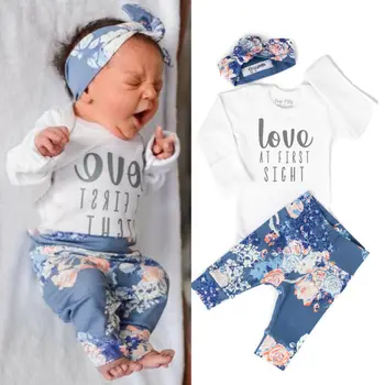 

2019 Autumn Newborn Baby Girl Long Sleeve Letter Romper Tops+Floral Printed Pants+Lovely Headband Outfits Clothes
