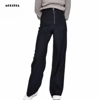

2019 Spring Winter Women Bell Bottom Zipper Trousers Wide Leg Stripe Pants