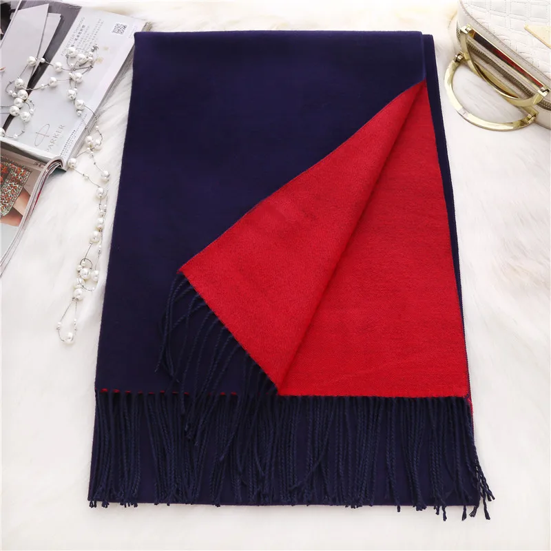 Зимние женские снуды, двухсторонний кашемировый шарф, шаль, палантин, палантины, осенние женские пашмины, одеяло, шарфы, пончо и накидки на шею - Цвет: navy blue Red
