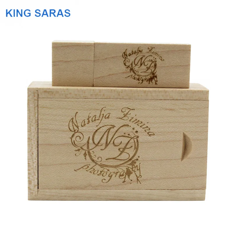 

KING SARAS maple wooden+box LOGO engrave usb flash drive 4GB 8GB 16GB 32GB 64GB usb 2.0 photography gift U disk