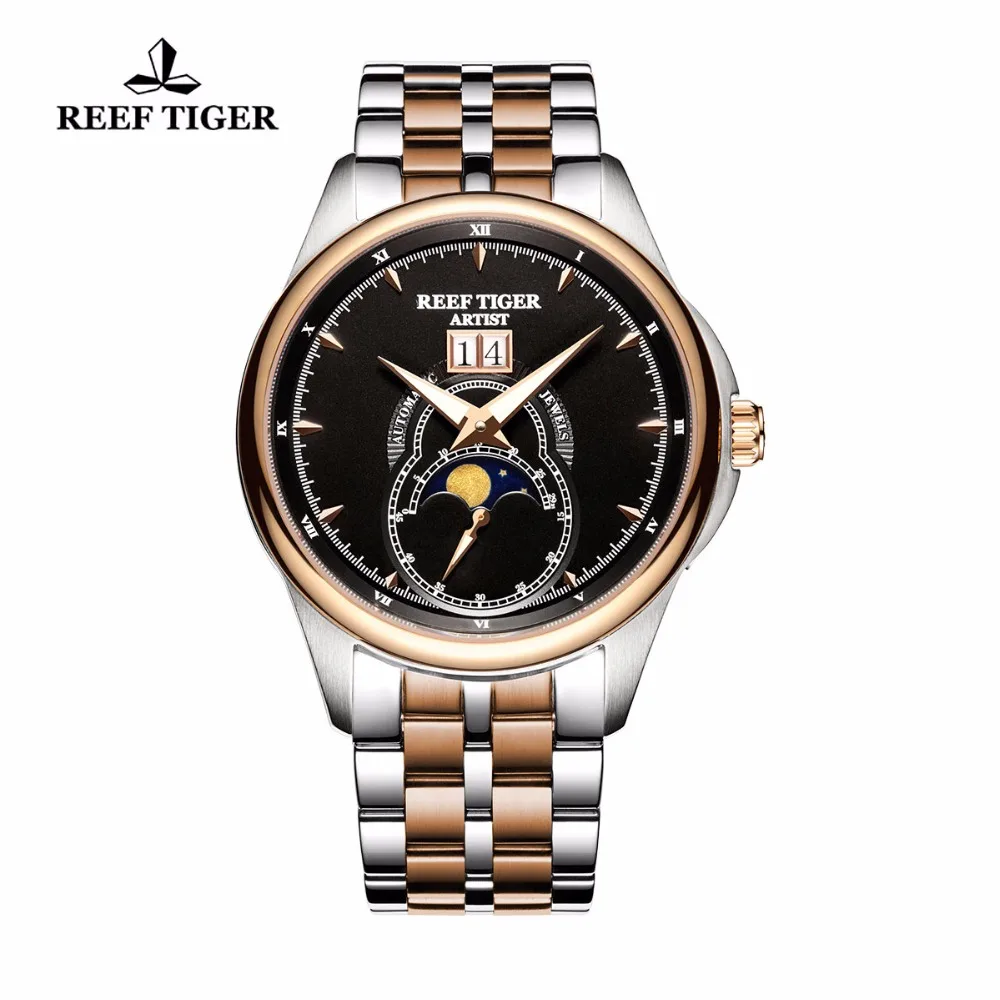 Reef Tiger/RT Fashion Dress Watches for Men Two Tone Rose Gold Moon Phase Watches with Big Date casual men's waterproof watch