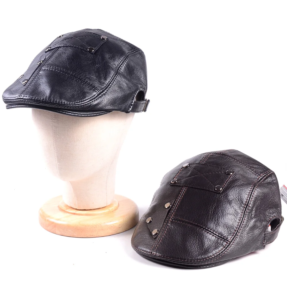 

Men's Real Leather Casquette Peaked Cap Beret Newsboy jazz/Navy/Army Caps/Hats