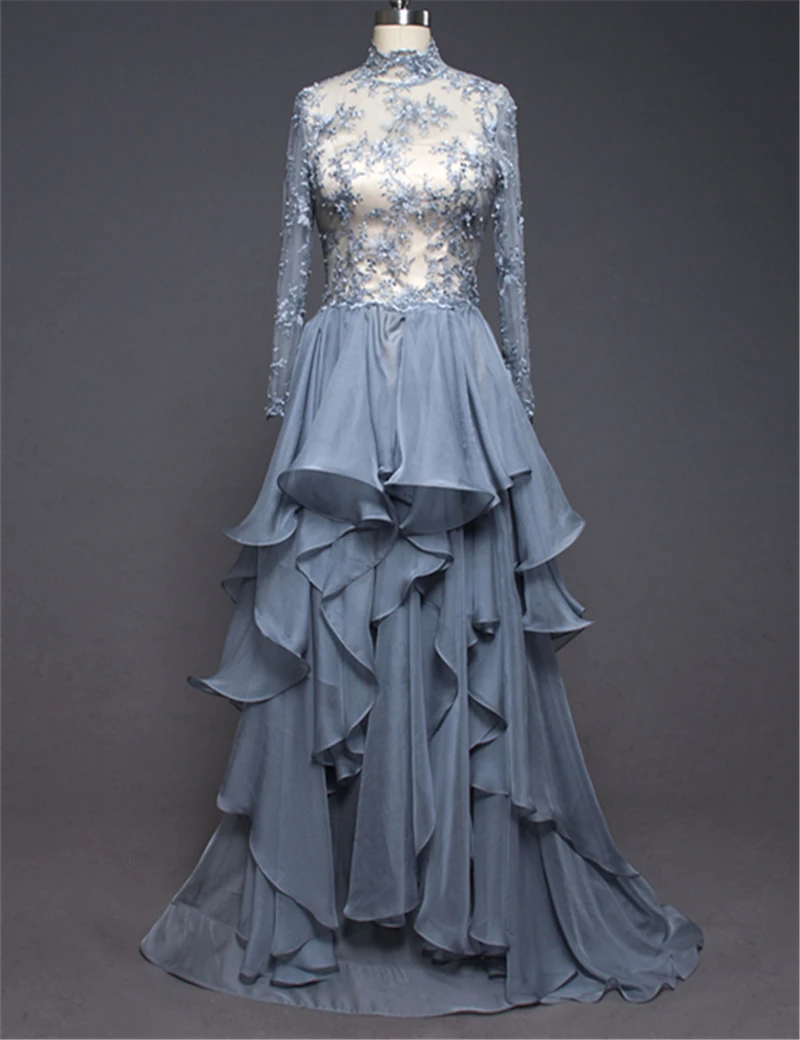 ZZ СВАДЕБНЫЕ Новый Шифон Полный Рукава Высокого Шеи Аппликации A-Line длинное