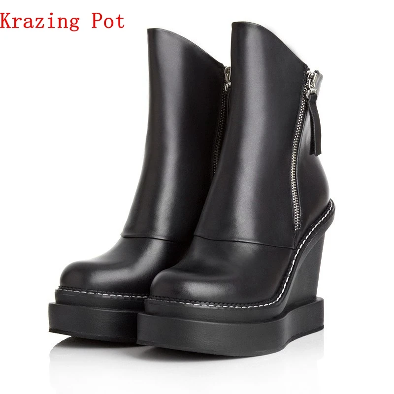 

New arrival genuine leather high heels women boots round toe party preppy style keep warm platform solid motorcycle boots L72