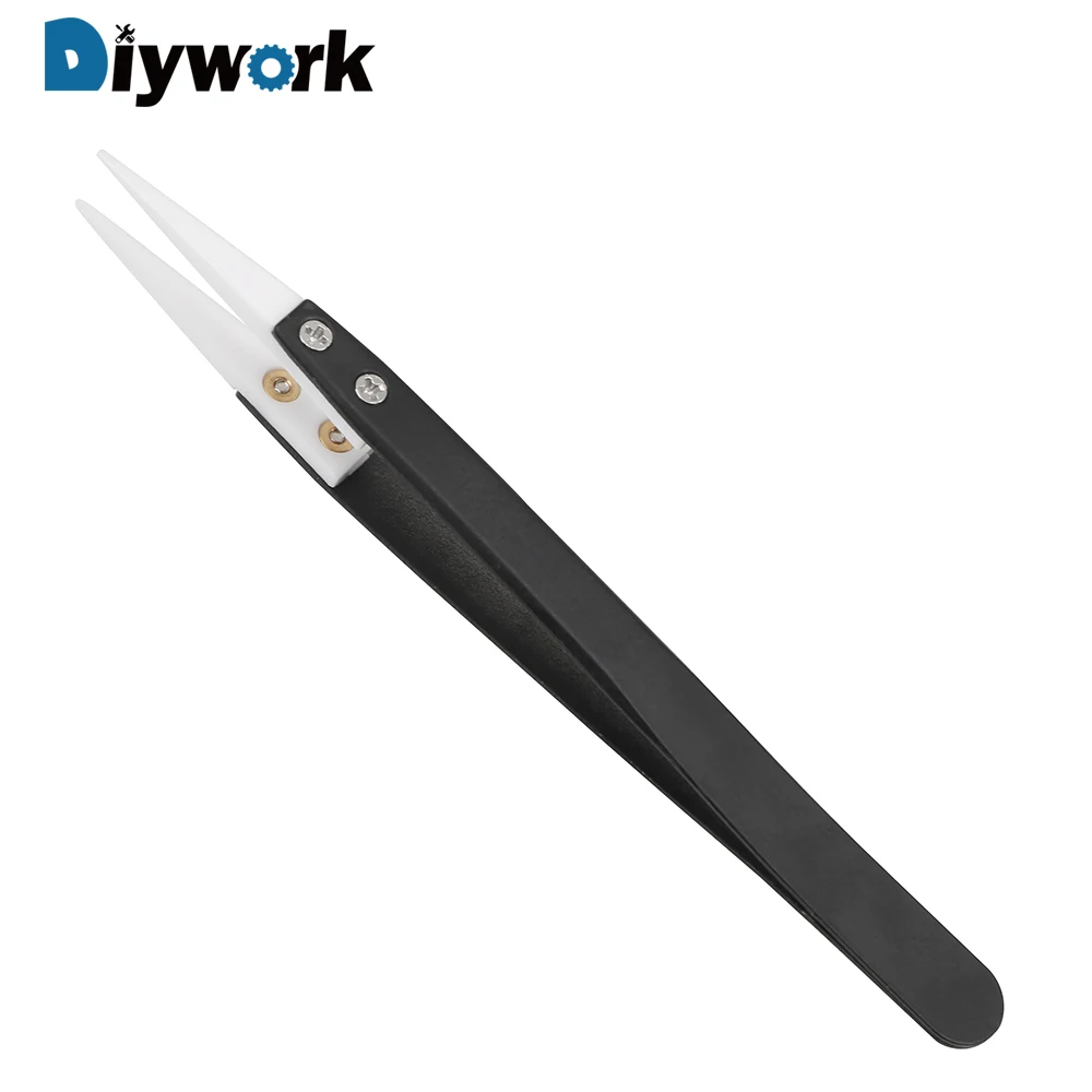 

DIYWORK Precision Straight Aimed Tweezers Ceramic Tips Tweezers Anti-static High Temperature Resistant Stainless Steel Handle