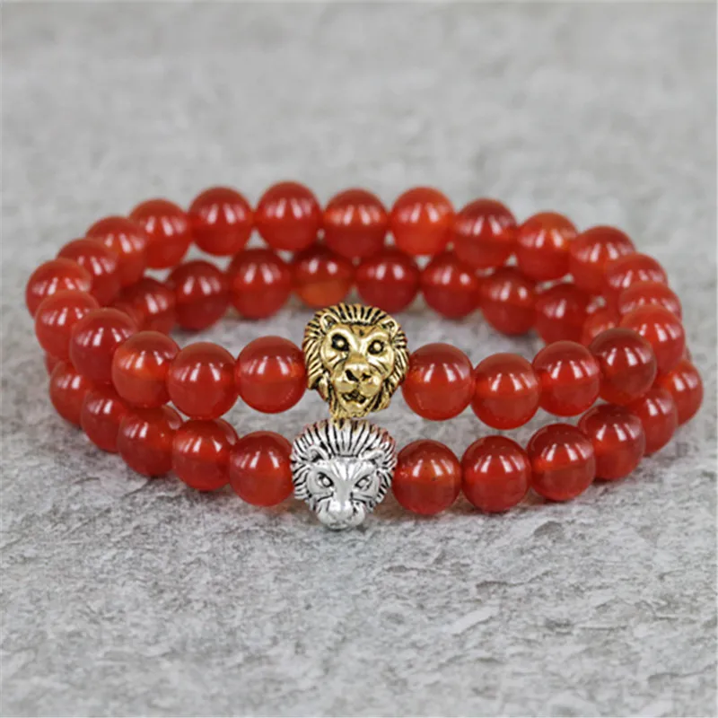 Wholesale 8 mm naturel pierres précieuses Perles rondes Lion Head Stretch Bracelets assortis 