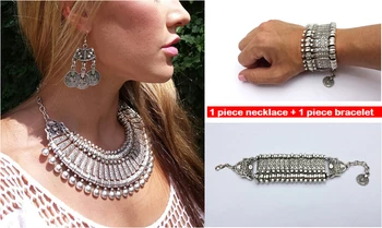 

Bohemian Coin Necklace Set Indian Bridal Jewelry Set ,Turkish Gypsy Boho Coachella Beach Choker Bib Necklace Bracelet Set