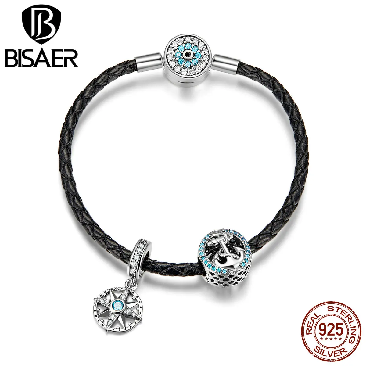 

One Piece Black Leather Charm Bracelet 925 Sterling Silver Blue CZ Anchor Compass Sailling Beads Bracelets for Women Gift GXB819