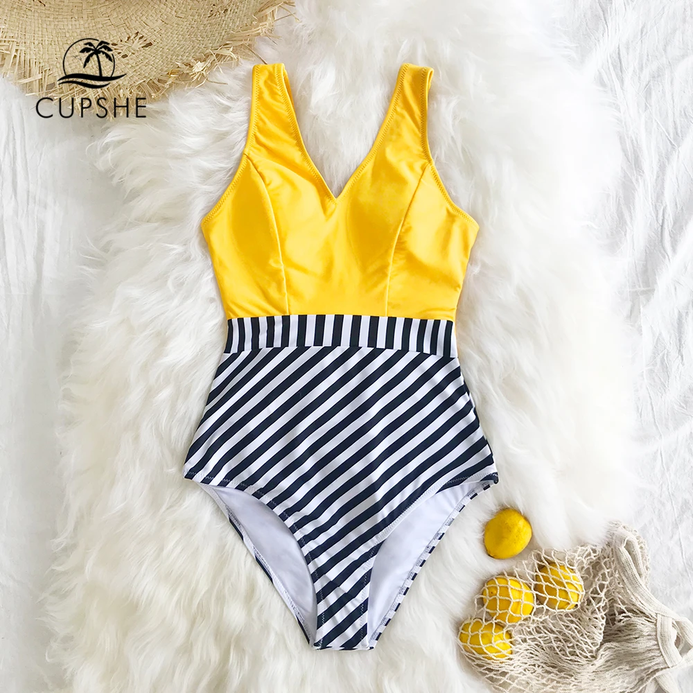 Günstig CUPSHE Sexy Gelb V ausschnitt Und Gestreiften Einteiliges Badeanzug Frauen Boho Colorblock Monokini 2020 Mädchen Strand Badeanzüge