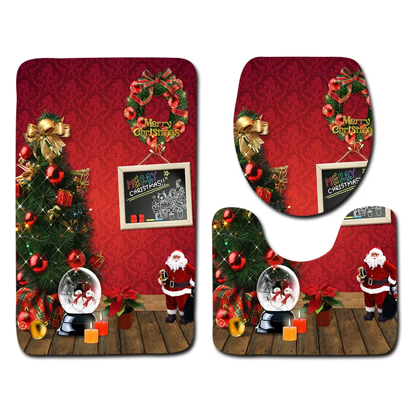 

3PCS Non-Slip Pedestal Rug Lid Toilet Cover Bath Mat Christmas Bathroom Mat Set Flower Natural scene pattern Bathroom Set Carpet