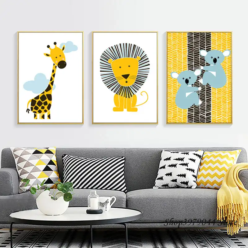 Yellow Lion Canvas Painting Baby Room Decor Cartoon Animals Art Lion Canvas Painting Baby Room Decor
