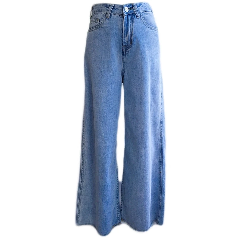2018 New vintage Casual Loose Wide Leg jeans women Straight High Waist light blue ankle length jeans