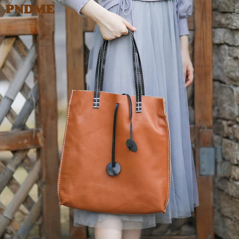 

PNDME vintage casual genuine leather ladies tote bag high quality top layer cowhide soft handbag designer shopping bag for women