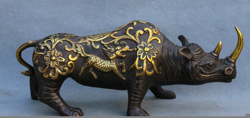 

song voge gem S3587 10" Chinese Bronze Gilt Folk Dragon Kylin Rhino Rhinoceros Horn Statue Sculpture