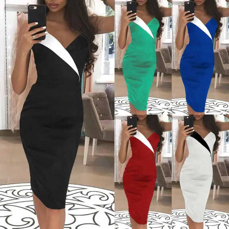 

2019 Sexy Ladies Women Sleeveless Bodycon V Neck Dresses Summer Solid Formal Evening Party Dress S-2XL 5 Colors