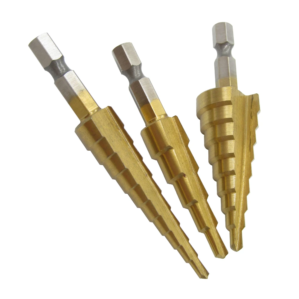 3PCS 4-32 mm HSS Titanium Coated Step Drill Bit Drilling Power Tools for Metal High Speed Steel Wood Hole Cutter Step Cone Drill