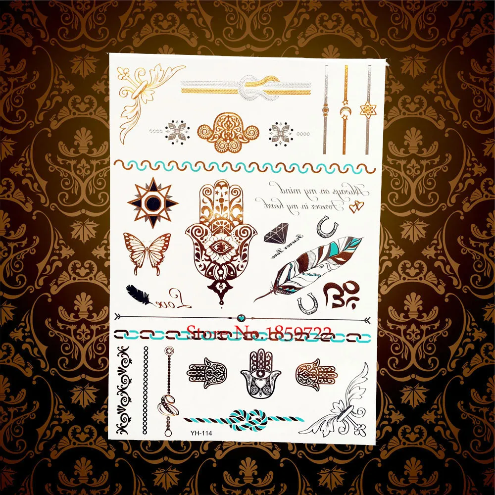 Modo caldo Hamsa di Fatima Oro Flash Acqua Trasferimento Temporaneo Tatuaggi HY114 Occhio Mano Disegni Donne Rimovibile Tattoo Henna Piuma in Modo caldo