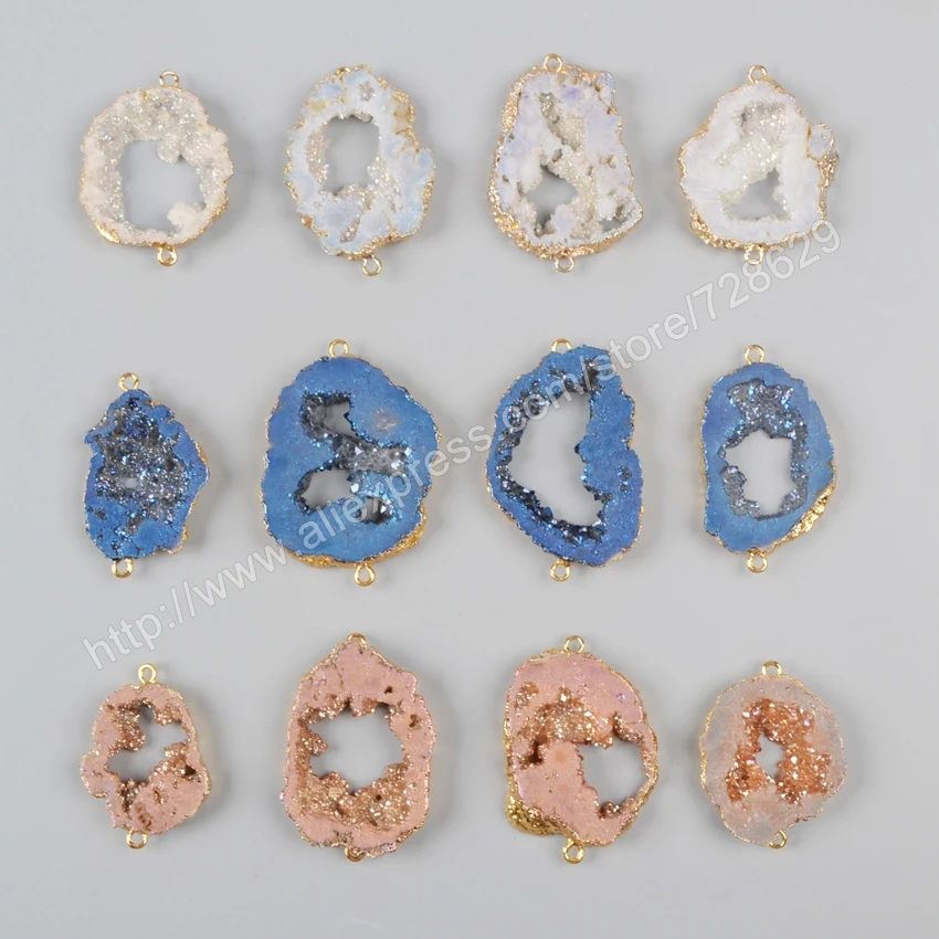 

BOROSA Gold Color Natural Crystal Quartz Titanium AB Druzy Geode Slice Connector Double Bails G1016