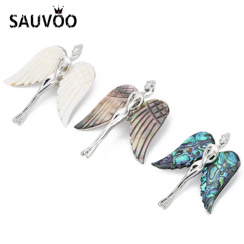 

SAUVOO 1Pcs/lot Vintage Cute Angel Wings Design Brooch 54*64mm Fashion Jewelry 3 Colors Natural Abalone Shell Brooch Pins Gifts