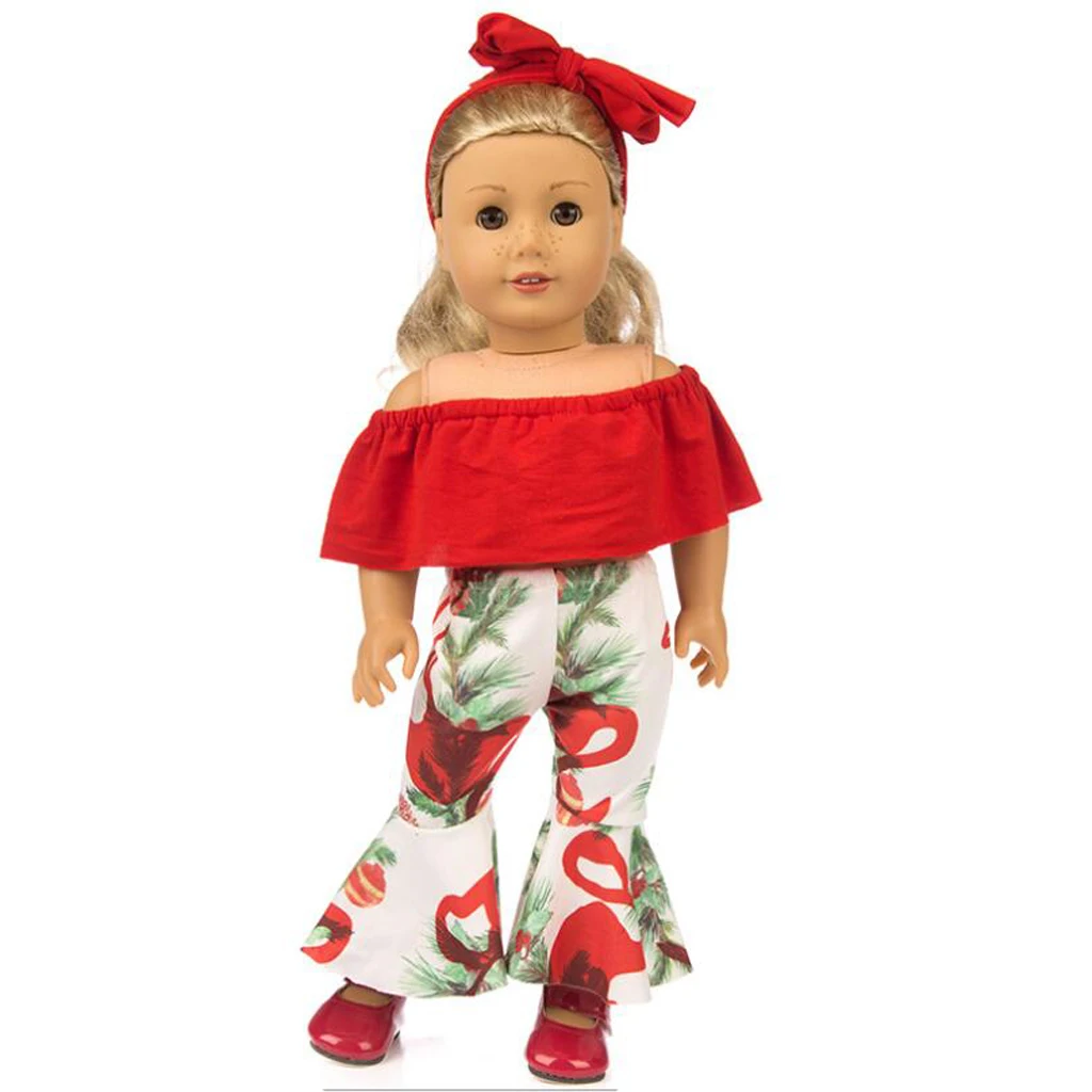 Fashion Doll Outfits Vintage Clothing Set Red Ruffle Tube Tops & Floral Printed Flares Pants Headdress For   Dolls