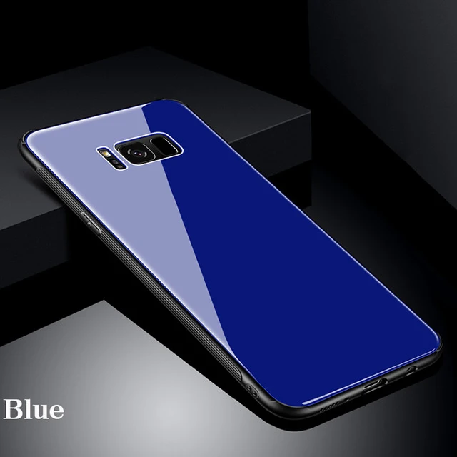 Закаленное Стекло+ противоскользящее покрытие tpu рамки для samsung S8 Galaxy S8 плюс S8+ защитный чехол для телефона с блестками Прозрачный мягкий тонкий чехол из силикона полное заднее покрытие - Цвет: Blue