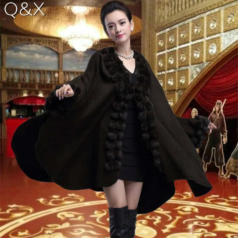

SC54 Women Capes Poncho 2018 Winter Faux Rabbit Fur Ball Shawl Oversize Knitted Sweater Italian Long Faux Cashmere Cardigan Coat