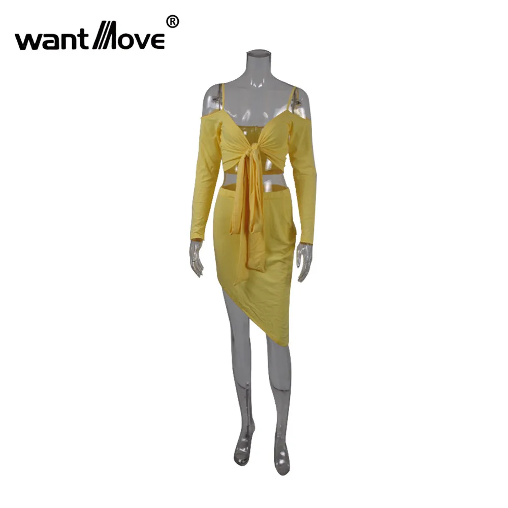 Wantmove Новая мода Женская Стандартная юбка наборы сексуальный длинный рукав v veck Спагетти ремень топ Высокая талия bodycon клубный набор WM408
