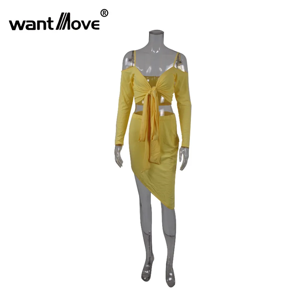 Женский комплект с юбкой Wantmove длинным рукавом треугольным вырезом и высокой