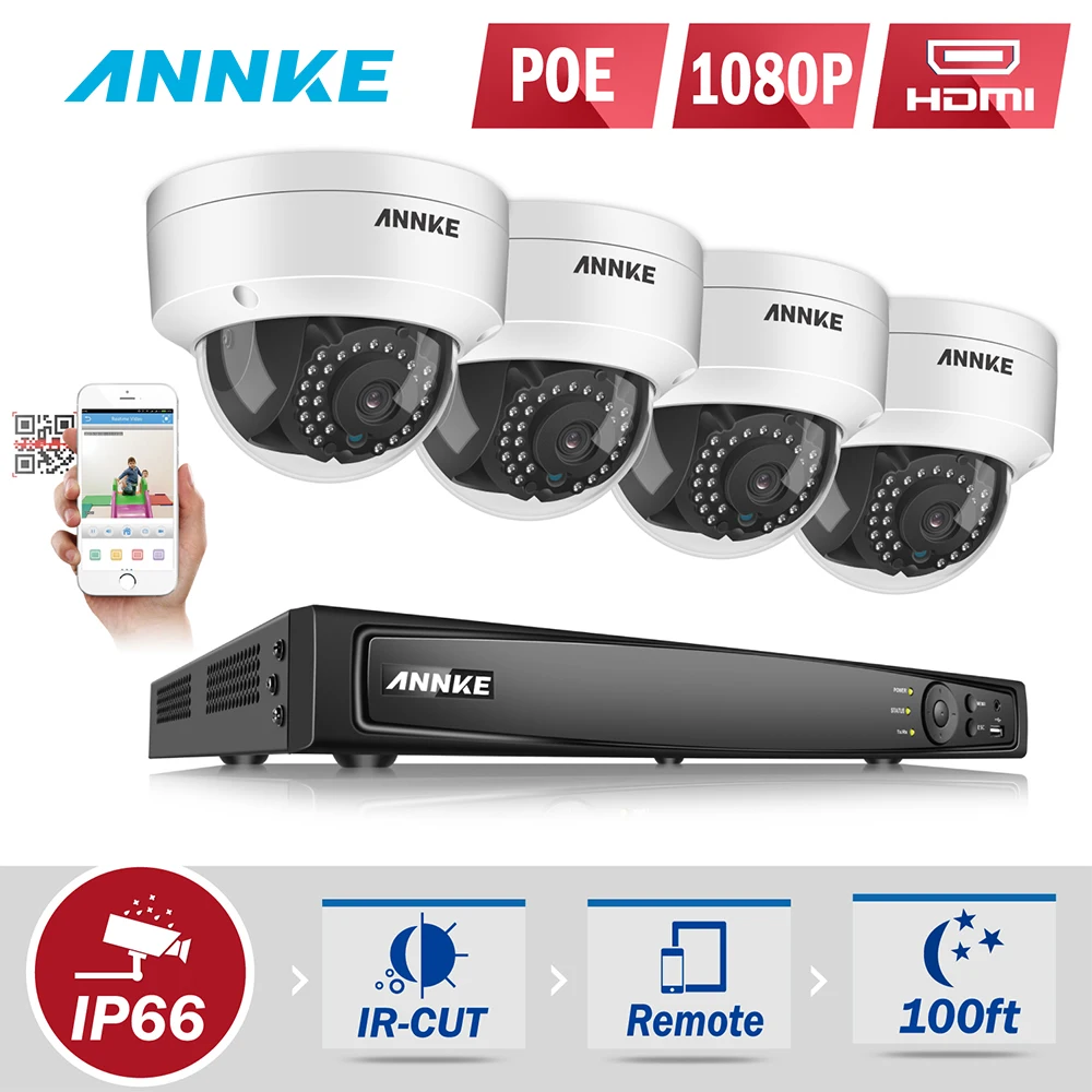

ANNKE 1080P POE Security Camera System 8CH 6MP Security NVR With 4PCS 1080P 2MP CCTV Dome Weatherproof Cameras 3D DNR WDR