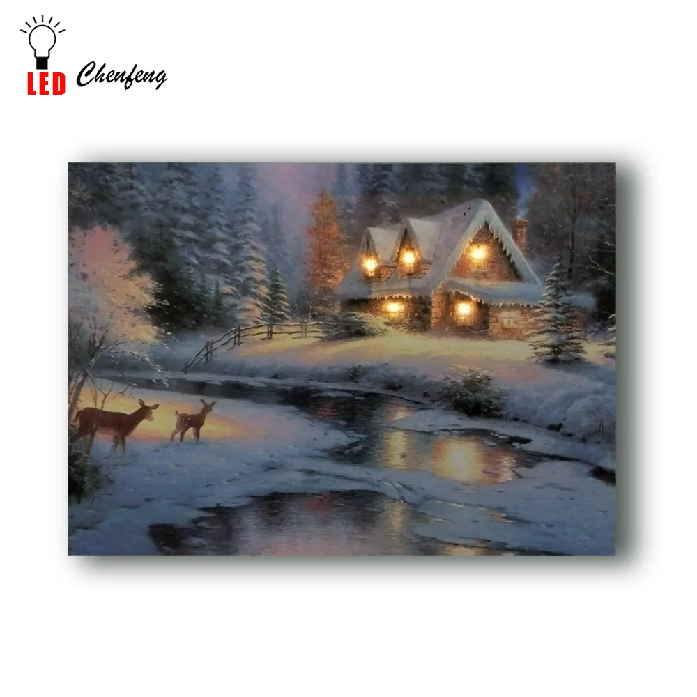 Kaufen Weihnachten winter schnee nacht cottage mit fluss wand grafik bild führte leinwand leuchten ölgemälde HD gedruckt hause decor