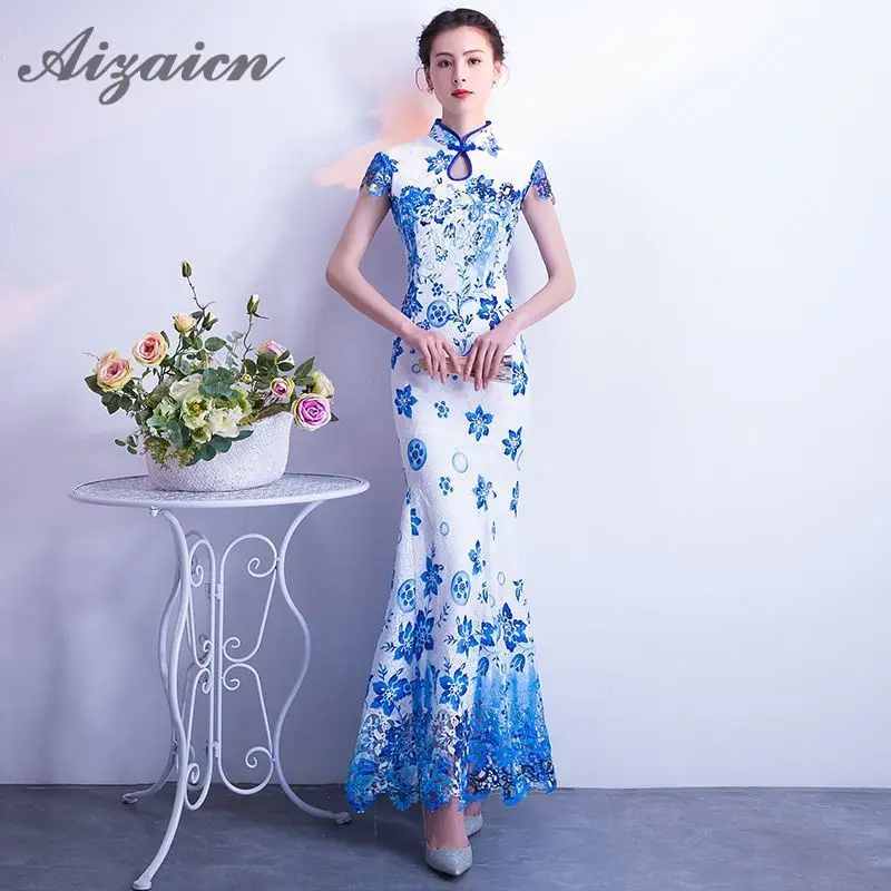 

Blue White Porcelain Mermaid Cheongsam Girls Chinese Traditional Wedding Dress Women Qipao Sexy Oriental Evening Dresses Long