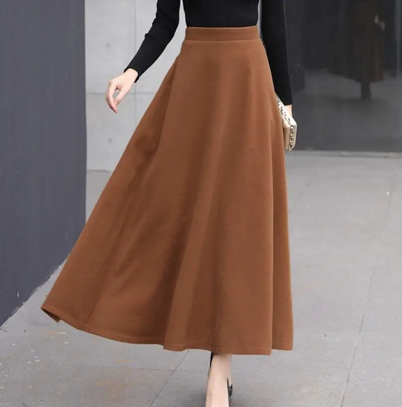 Шерстяные женские юбки с высокой талией, зима, модная шерстяная длинная Плиссированная юбка с поясом, повседневная женская черная длинная юбка - Цвет: Khaki