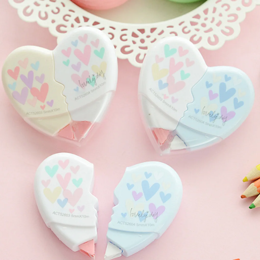 

2 Pcs/pair 10m Love Heart Correction Tape Plastic Stationery Corrector Students Gifts Office School Supplies