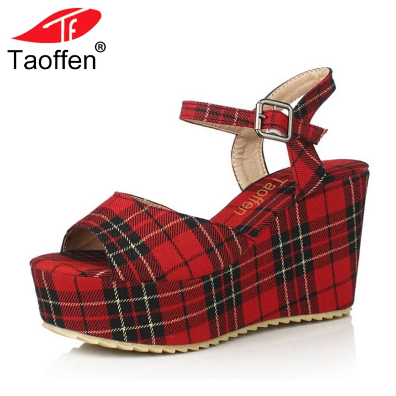 Goede TAOFFEN Size 32 46 Dames Hoge Wiggen Sandas Enkelband Print Zomer Schoenen Vrouwen Platform Mode Office Party Schoeisel