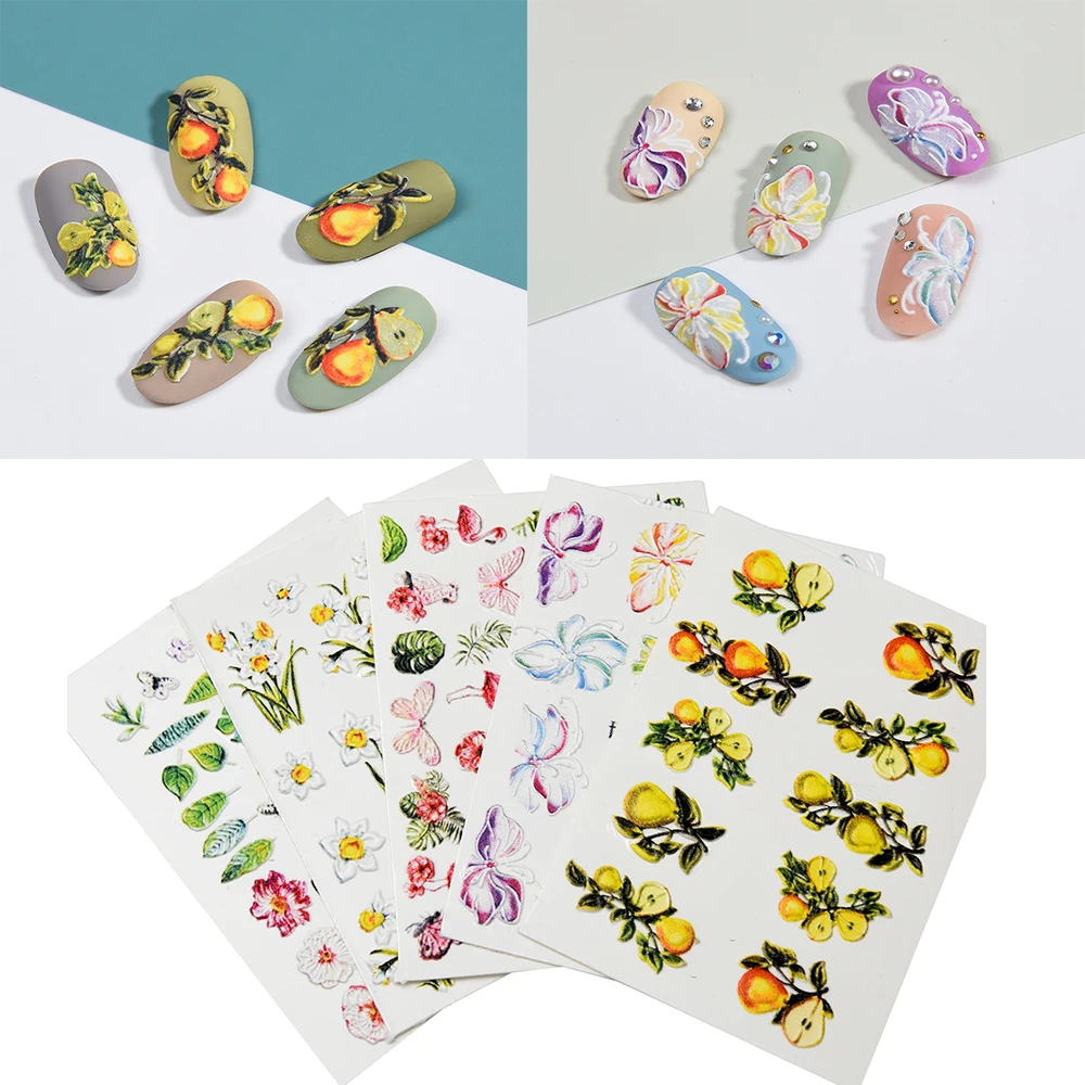 3D Acrylic Engraved flower Nail Sticker flower fruit Water Decals Empaistic Nail Water Slide Decals