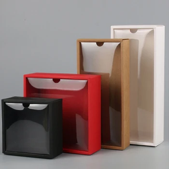 

100pcs Clear PVC Lid Red/White/Black/Kraft Paper Box Handmade Soap Candy chocolate biscuit boxes for wedding party gift wrap