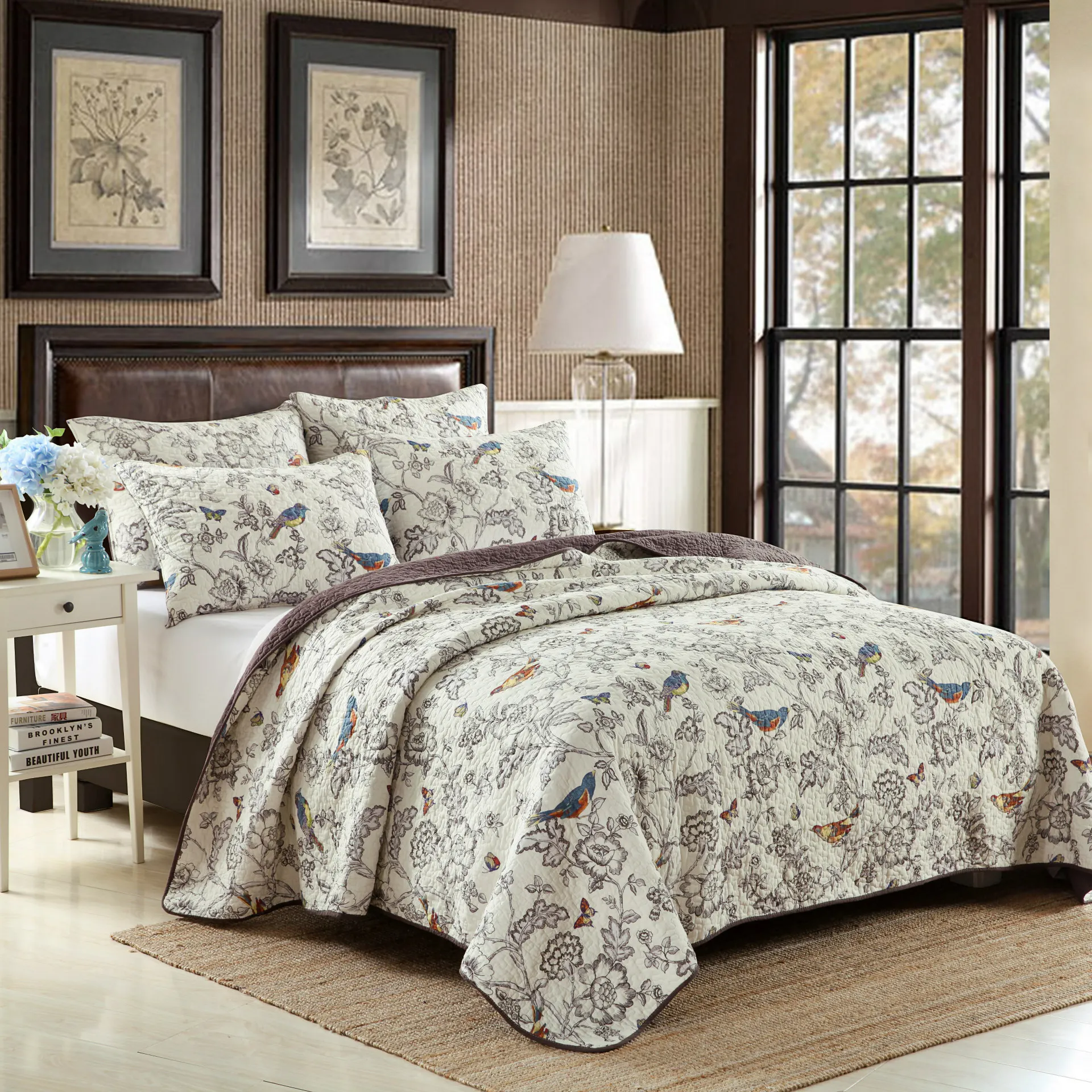 

100% Cotton Stitching Quilt King Size 3pcs Set Pastoral Summer Thin Quilting Comforter Bed Cover Blanket