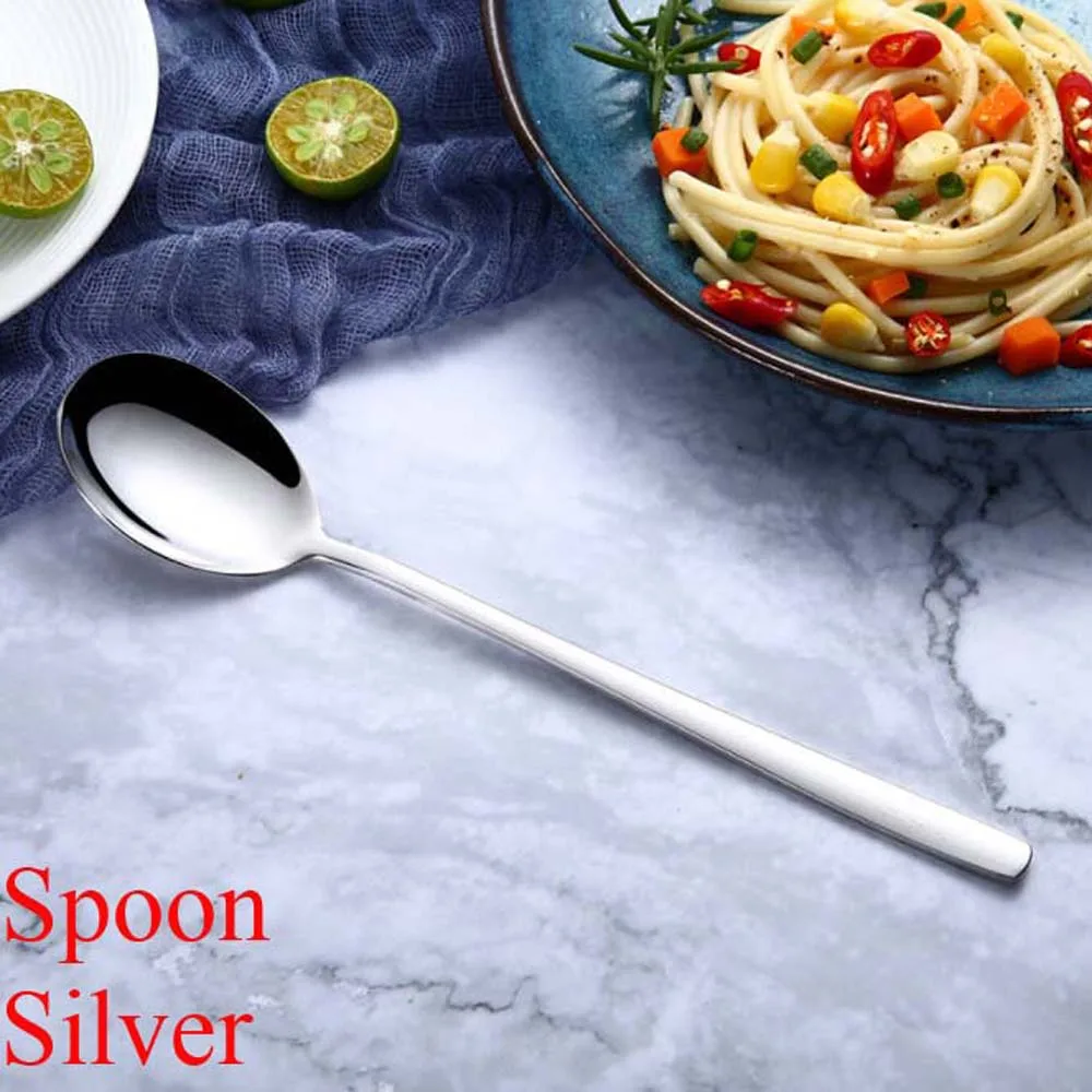 Посуда из нержавеющей стали цвета радуги ложка с длинной ручкой вилка Совок Мороженое Ложки для чая и кофе столовые приборы кухонные принадлежности - Цвет: Spoon silver