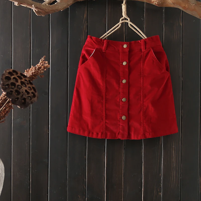 Женская Вельветовая юбка в Корейском стиле, однотонная трапециевидная мини-юбка длиной выше колена, однобортная юбка с завышенной талией, Осень-зима, консервативный стиль