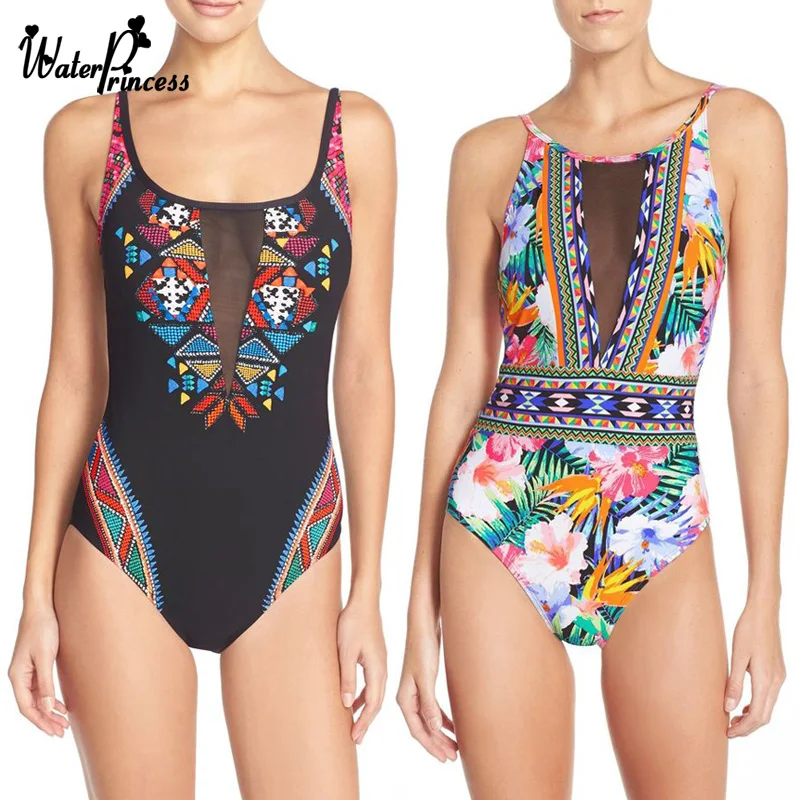 Image Sexy Mesh Floral Print One Piece Backless Swimwears Women Bathing Wear Swimsuit Monokini Trikini Triquini Maillot De Bain Femme