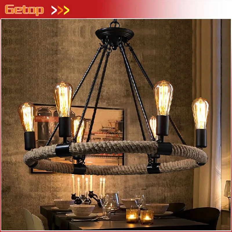 W Loft Vintage Pendat Light American Industrial Rope Hanging Lamps Iron