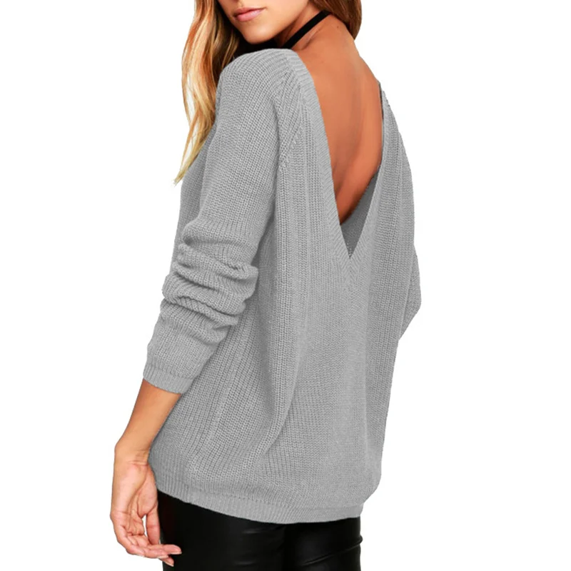 

LOGAMI Back V Neck Knitted Sexy Sweater Women Pullover Long Sleeve Spring Autumn Sweaters And Pullovers