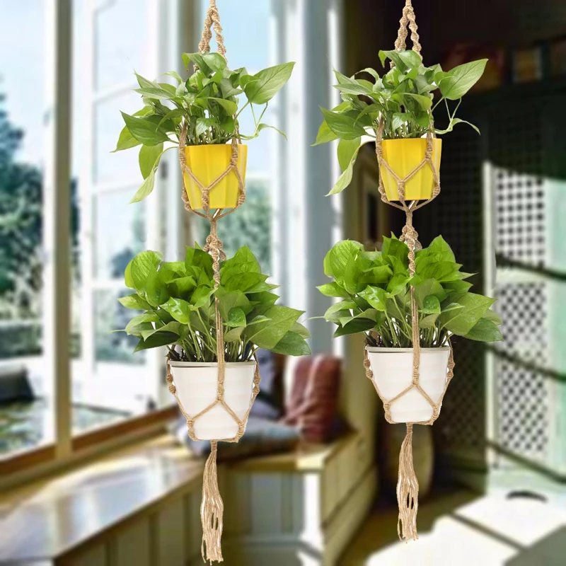 JX-LCLYL 125cm Dark Jute Double Macrame Plant Hanger 2 Tiers Plant Pot Hanging Holder