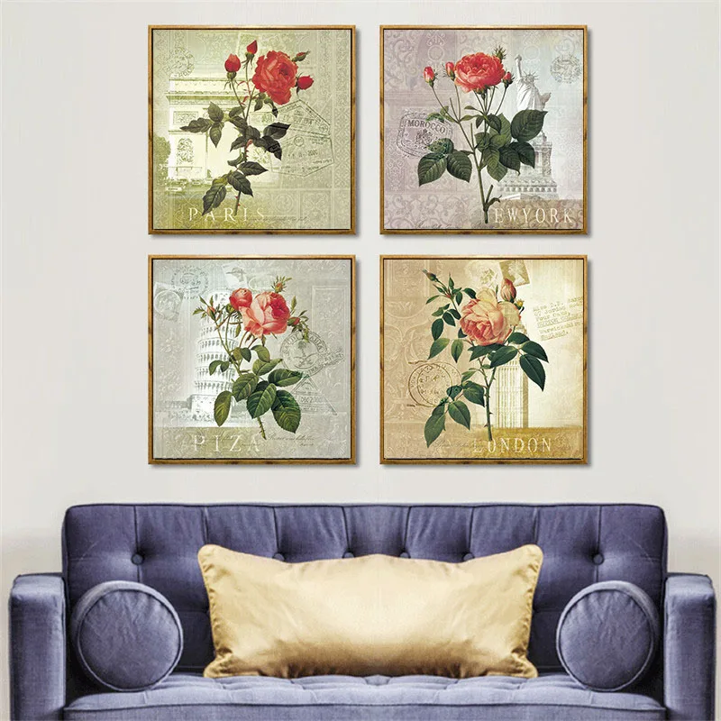 HAOCHU Nordic Pastoral Style Canvas Art Print Painting Poster Rose Flowers City Building Sign Study Living Room Hotel Wall Mural | Дом и сад