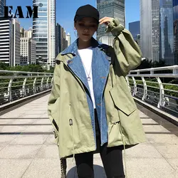 [EAM] 2019 Новинка весны нагрудные с длинным рукавом Армейский зеленый деним Разделение совместное большой Размеры куртка Для женщин пальто